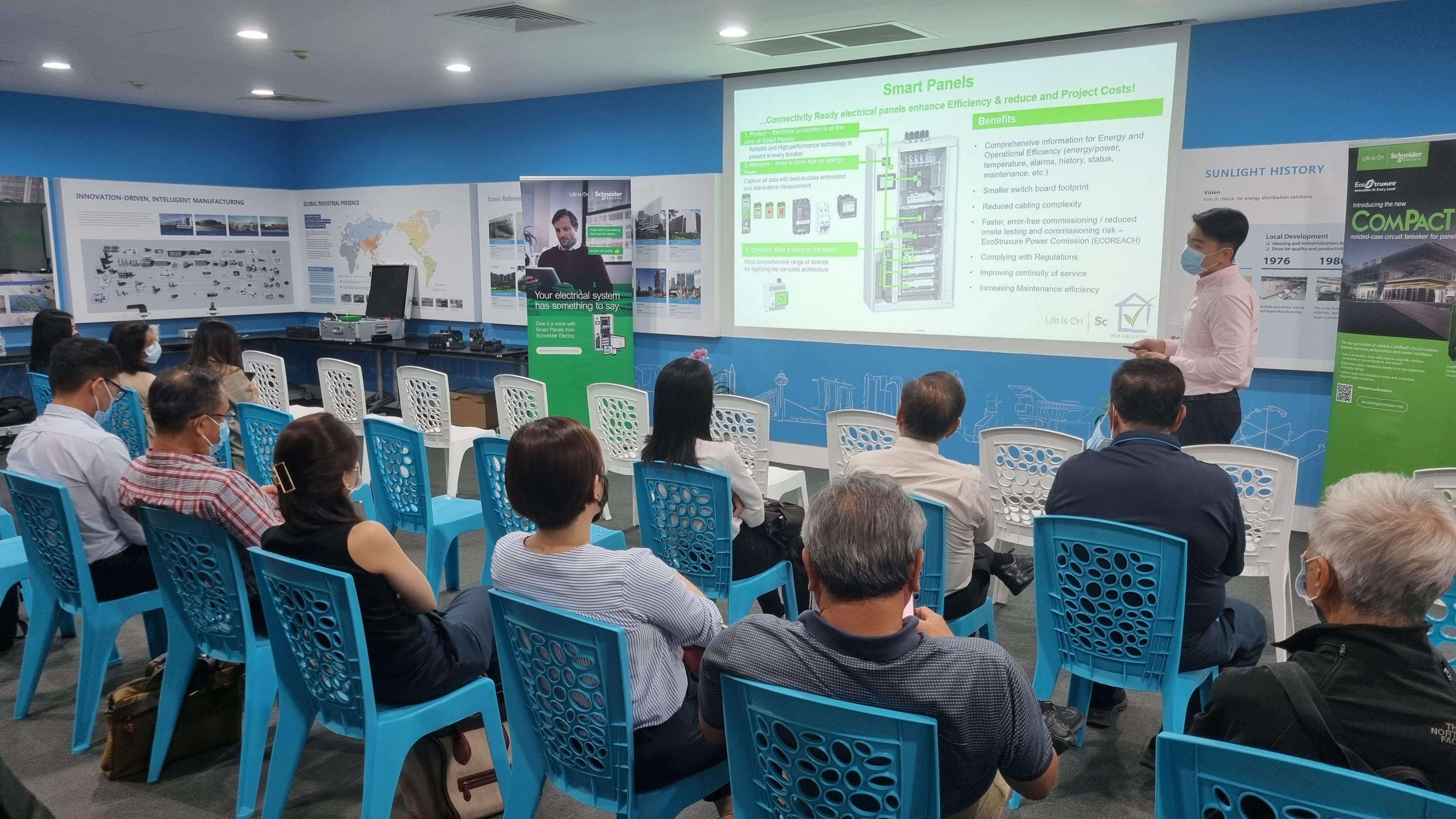Schneider Electric Product Application Engineer, Brian Toh, giving a talk on Schneider's Smart Panel 3.0 to attendees during the Sunlight x Schneider Electric Innovation Talk 2022.